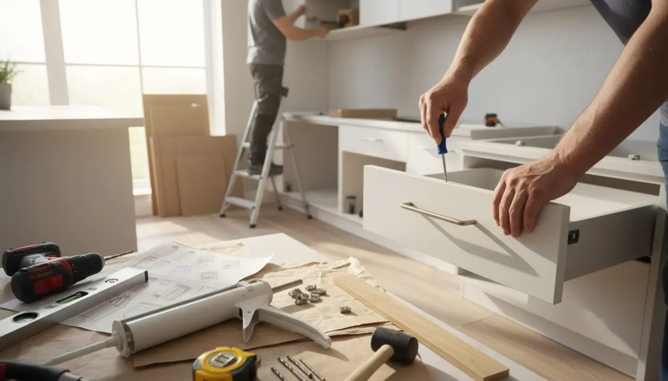 Hænder justerer en skuffefront i et næsten færdigmonteret køkken med værktøj og lister omkring.
