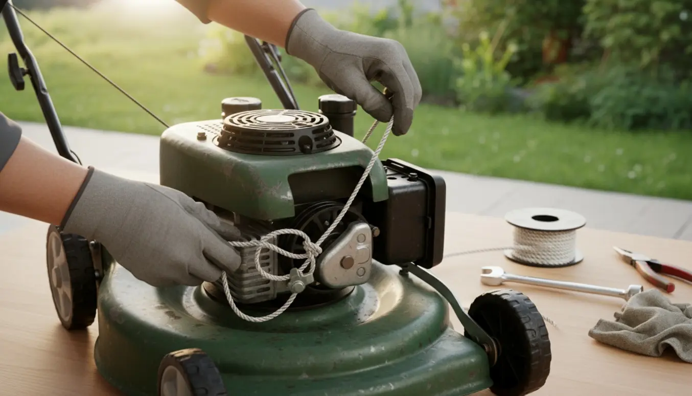 Nærbillede af hænder der reparerer en græsslåmaskines fastsiddende startsnor med værktøj i en garage.