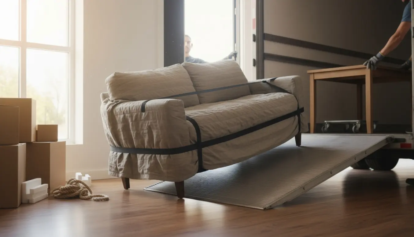 Lang sofa og spisebord bæres ud af en lejlighed mod en flyttevogn.