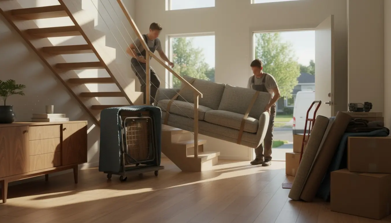 Sofa bæres ned ad trappen med skænk, rullede tæpper og flytteudstyr i entréen.