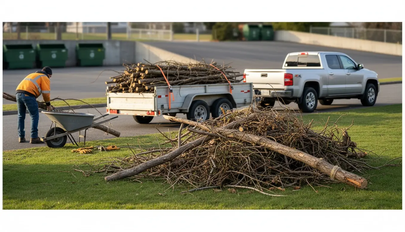 Stor bunke grene ved indkørsel med trailer og værktøj klar til kørsel til genbrugsstationen.
