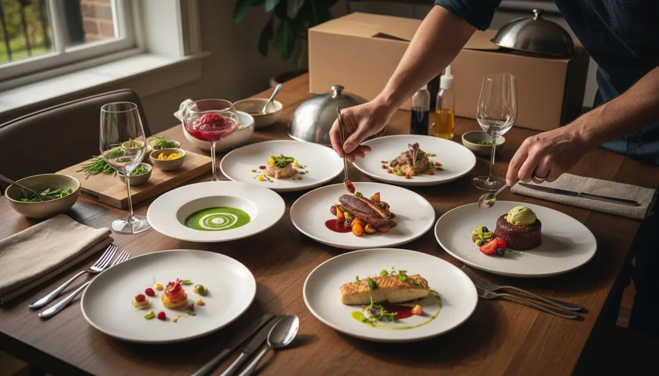 Hænder anretter og serverer seks små gourmetretter fra catering på et pyntet spisebord.