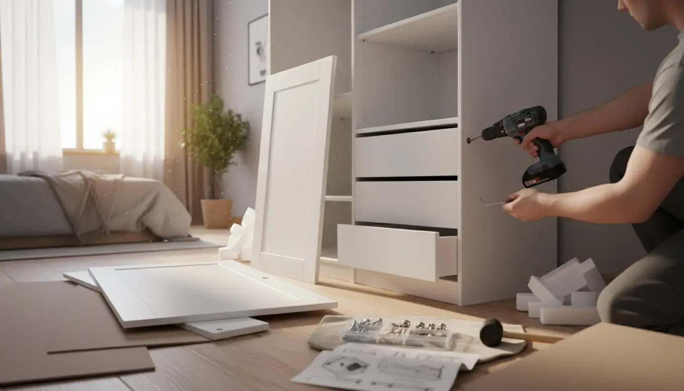 Delvist samlet hvidt garderobeskab i et lyst værelse med værktøj og hænder.