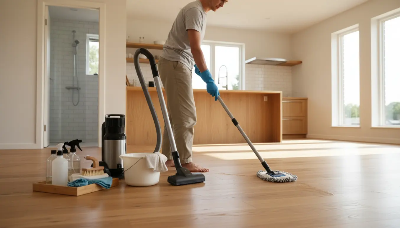 Solbeskinnet stue med trægulv under rengøring og rengøringsmidler i baggrunden.
