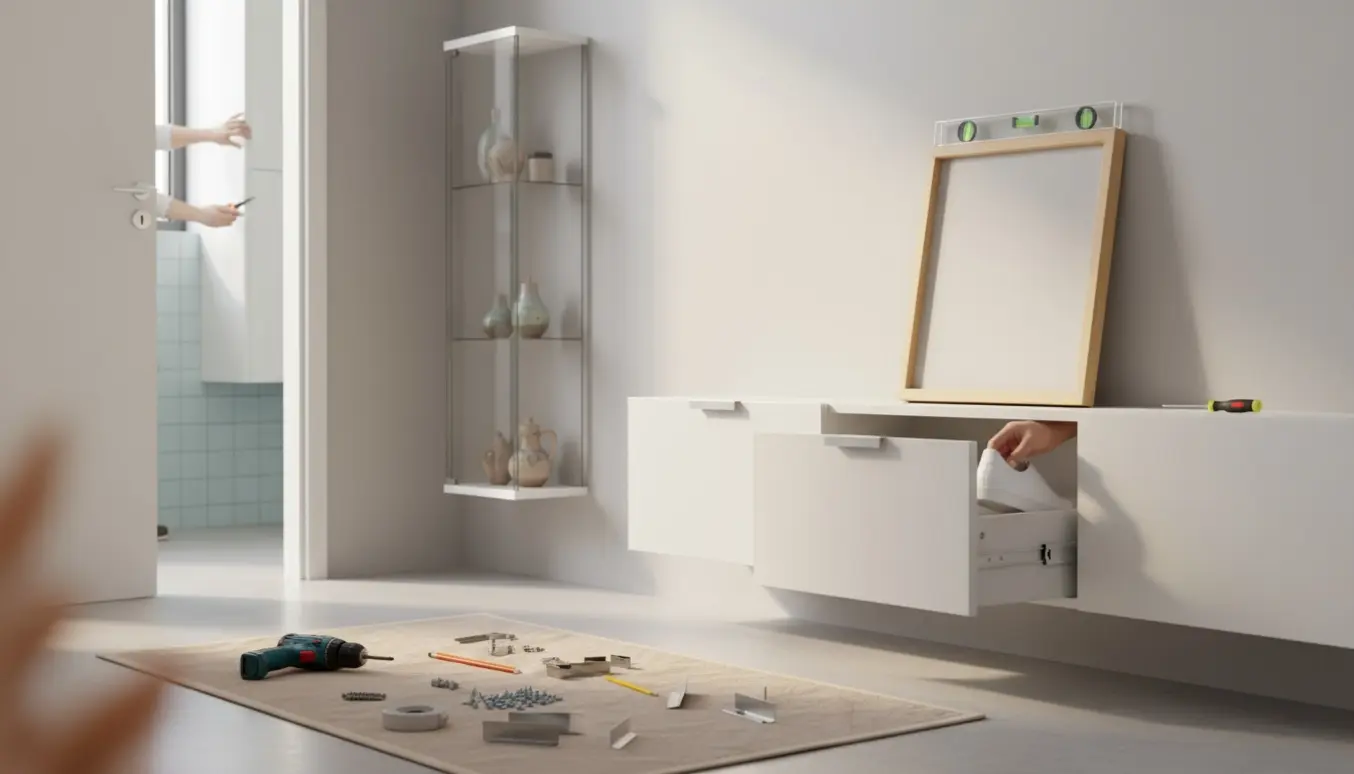 Hænder justerer en billedramme over et skoskab i en lys entré med værktøj og en lille vitrine på væggen.