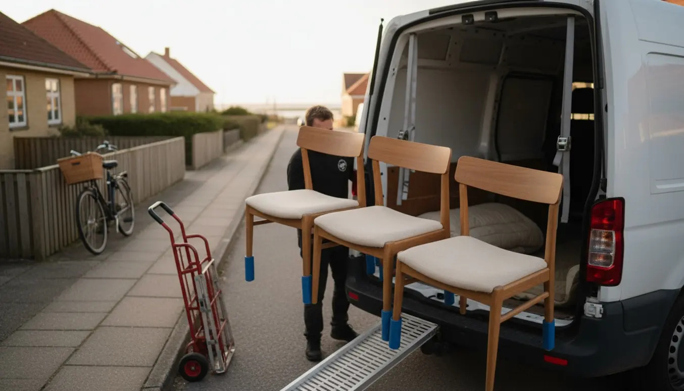 Fire spisebordsstole bliver læsset i en varevogn på en stille villavej om eftermiddagen.