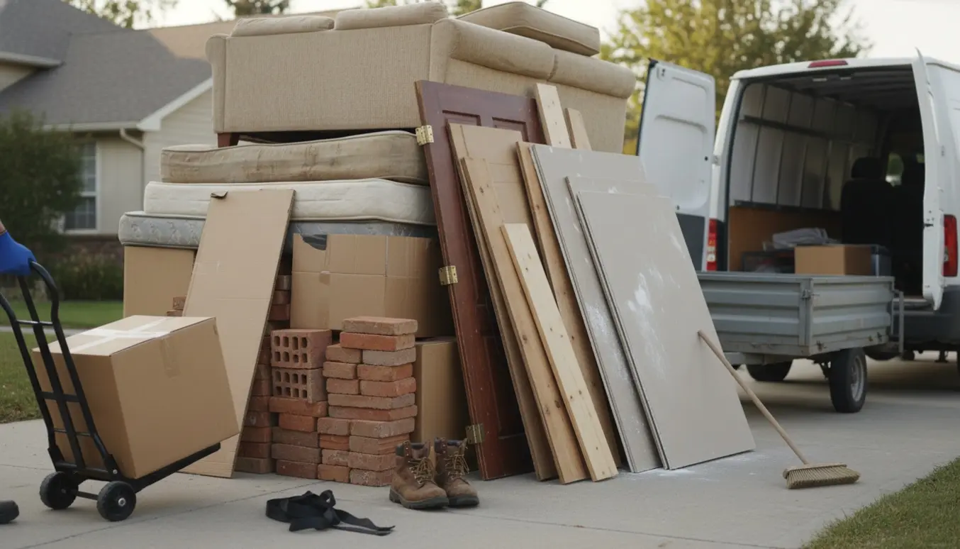 Stor bunke storskrald med møbler, pap, mursten og gips ved en åben flyttebil, folk læsser fra siden.
