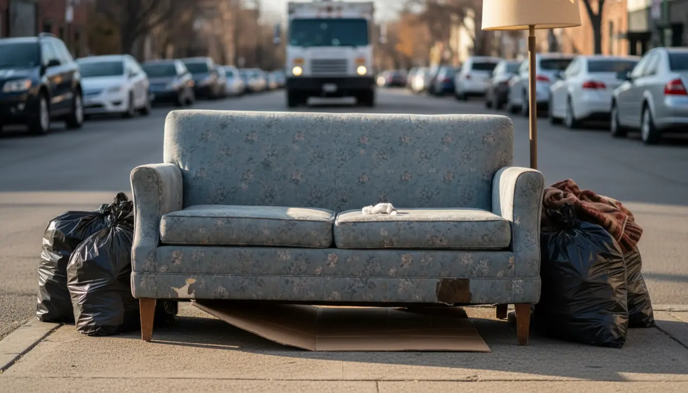 En lille, slidt to-personers sofa sat på fortovet klar til skralde afhentning.