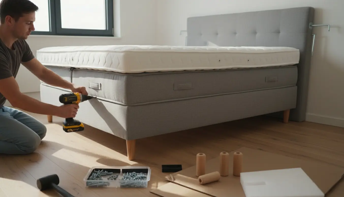 Delvist samlet kontinentalseng 150x200 i et lyst soveværelse, med hænder, værktøj og sengedele klar til montering.