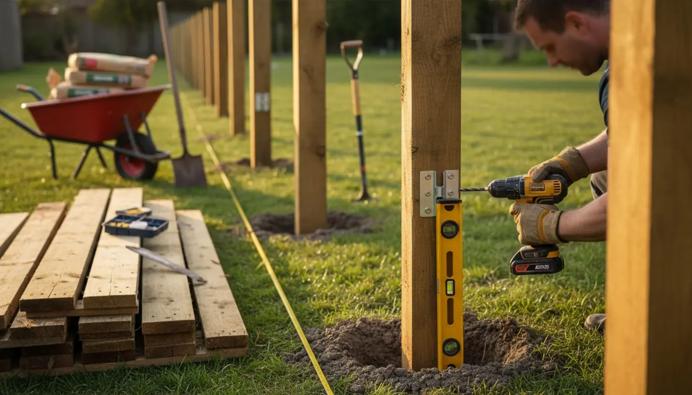 Nyopsætning af robust træhegn i en have med nye stolper i beton og værktøj.