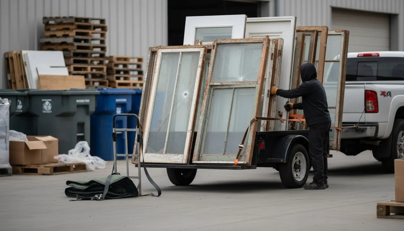 Gamle vinduespartier og døre læsses på trailer ved en genbrugsstation.