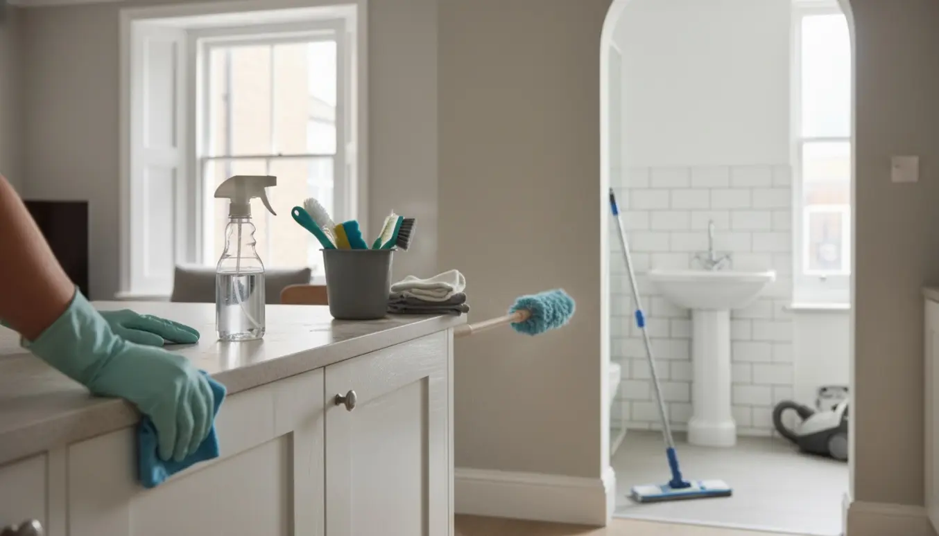 Hænder i gummihandsker tørrer skabe og fjerner støv fra lister i et rækkehus under grundig rengøring.