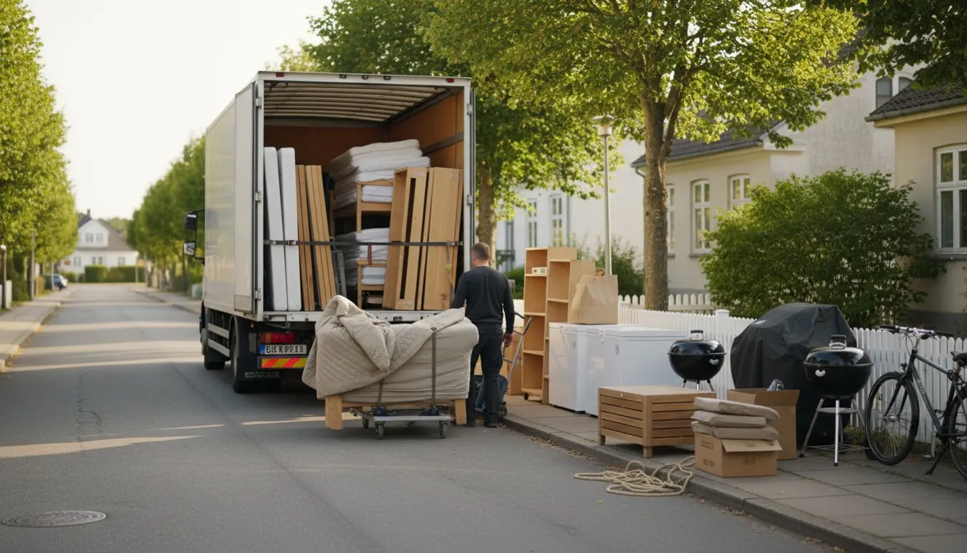 Åben flyttebil med demonterede senge, sofa, reoler, to frysere, havemøbler, grill, ladcykel og cykler på en solrig flyttedag.