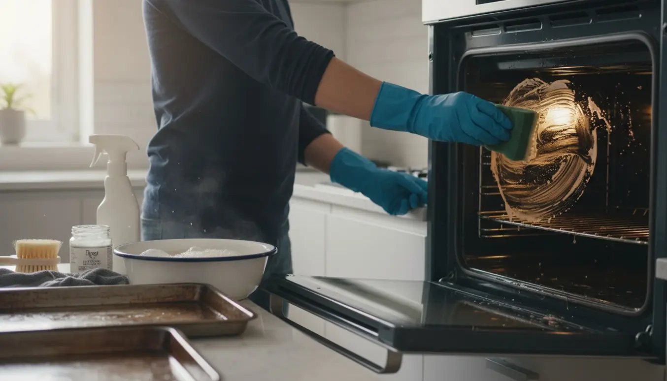 En åben ovn i et lyst køkken, hvor håndklædte hænder i handsker skrubber ovnens indre med svamp og rengøringsmidler.