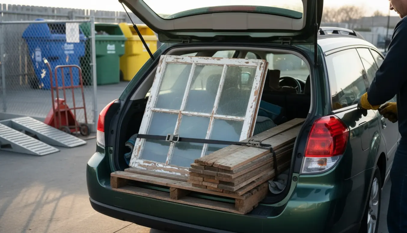 En varebil med et gammelt vindue, en palle og brædder klar til aflevering på genbrugspladsen.