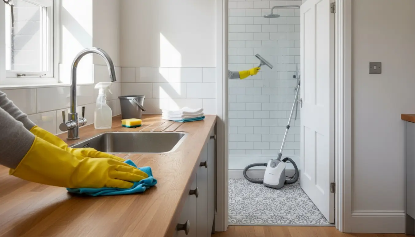Rækkehusinteriør med hænder i gummihandsker, der rengør køkkenvasken og et skinnende badeværelse i baggrunden.