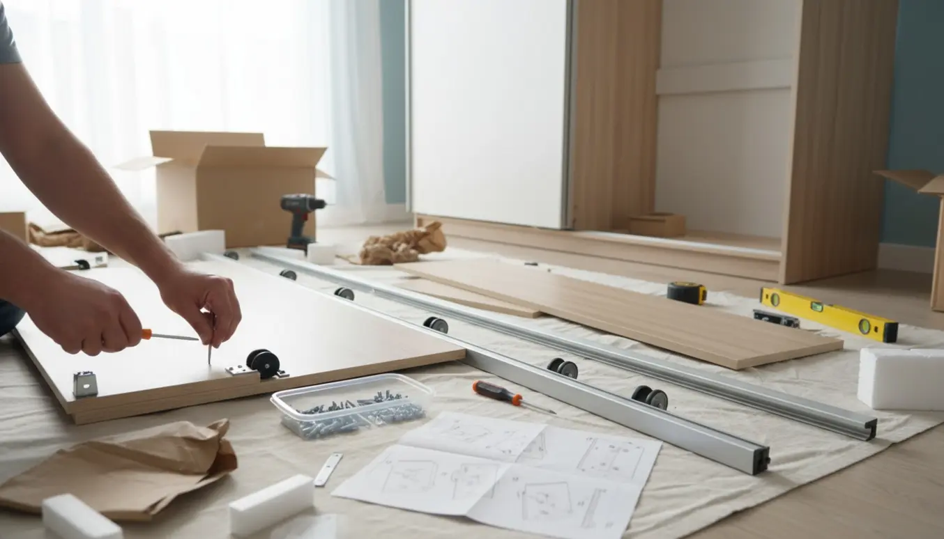 Nærbillede af montage af skab med skydedøre i en lys lejlighed med værktøj og paneler lagt frem.