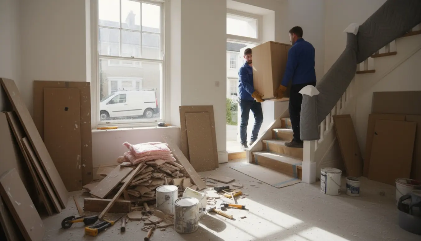 Et skab bæres ned ad trappen fra en lejlighed på 2. sal, mens værelserne er fyldt med byggeaffald og opgangen er beskyttet.