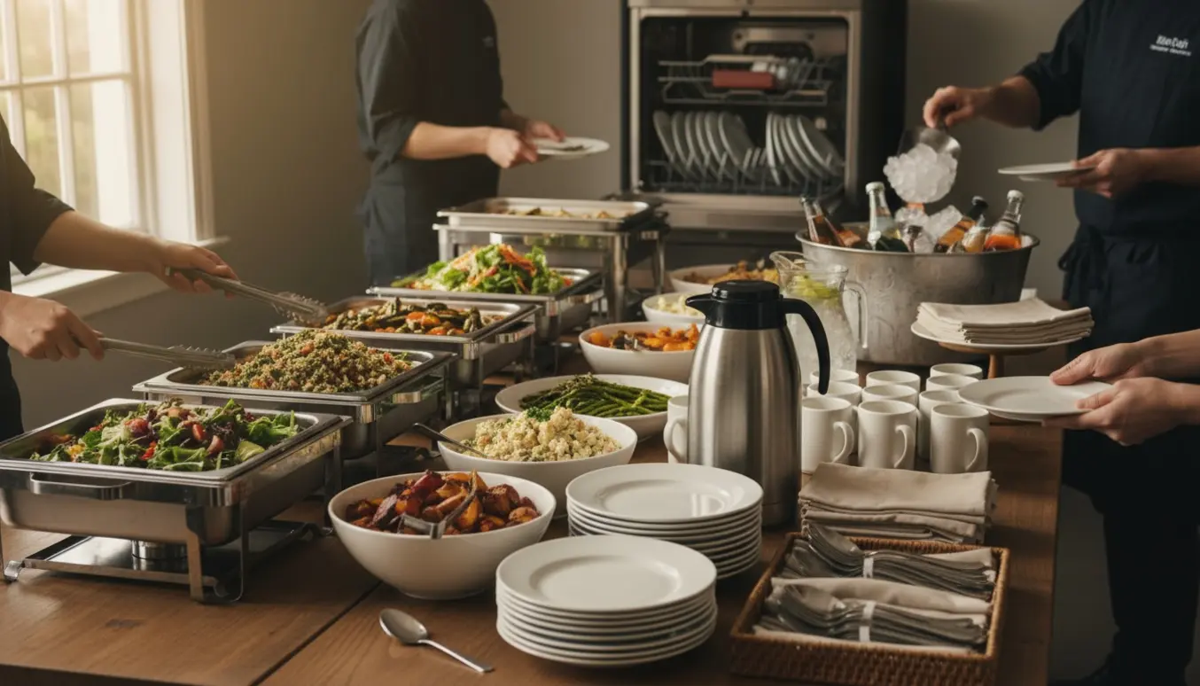 Cateringperson fylder fade, opstiller kaffe og læsser opvask i en buffetsituation uden tydelige ansigter.