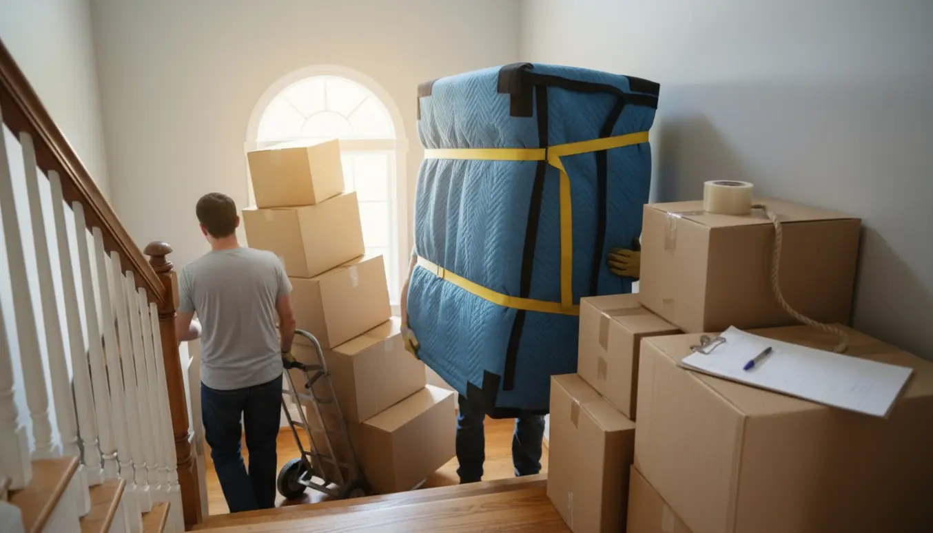 Flytteopgave i trappeopgang med ca. 10 flyttekasser og et indpakket køkkenskab på vej op til første sal.