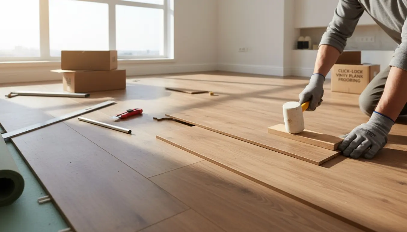 Hænder lægger klikvinylgulv i et lyst rum med værktøj og stakke af planker.