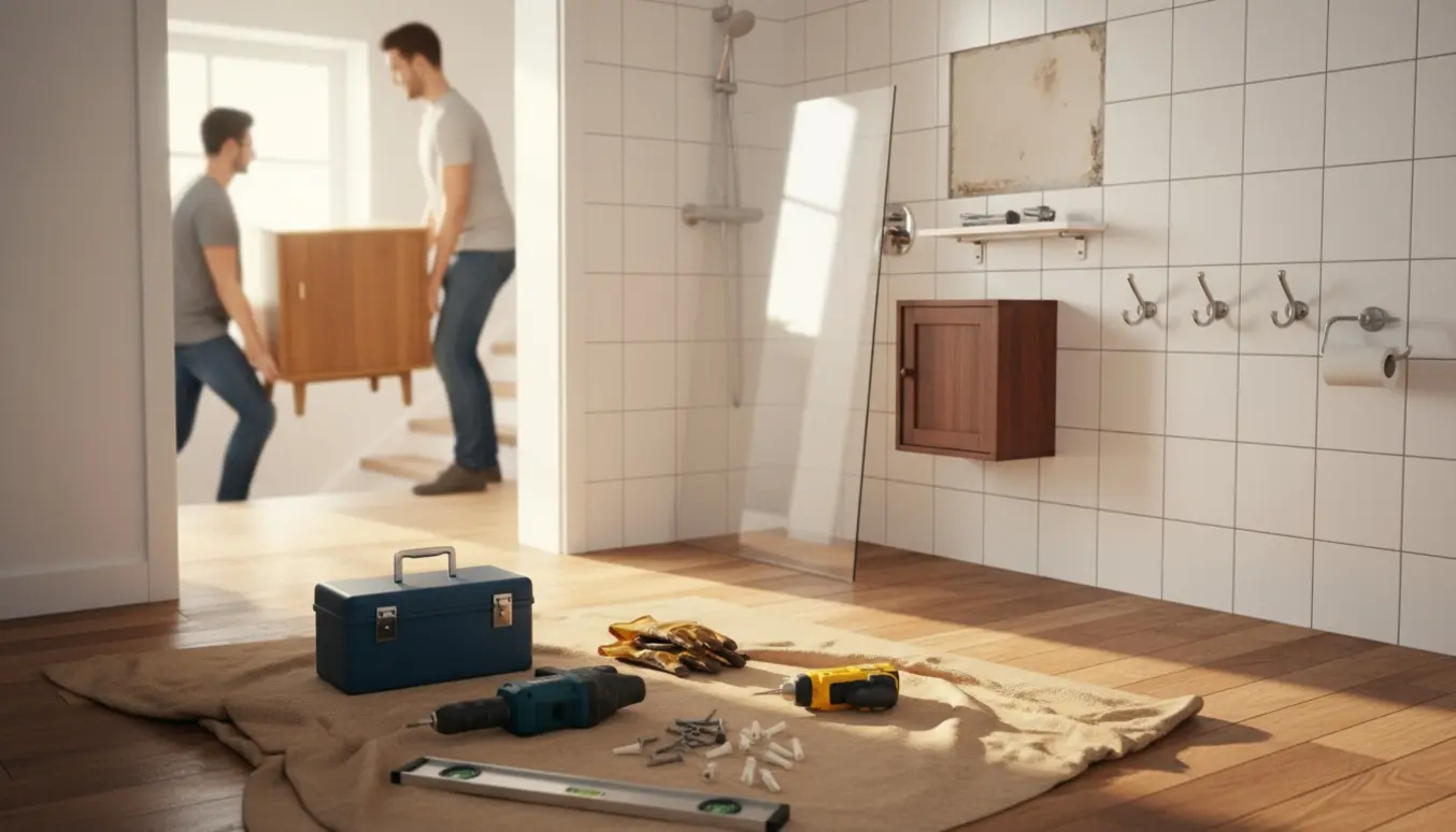 Værktøj og monteringsdele foran et badeværelse med en brusevæg, mens to personer set bagfra bærer en skænk ned ad trappen.