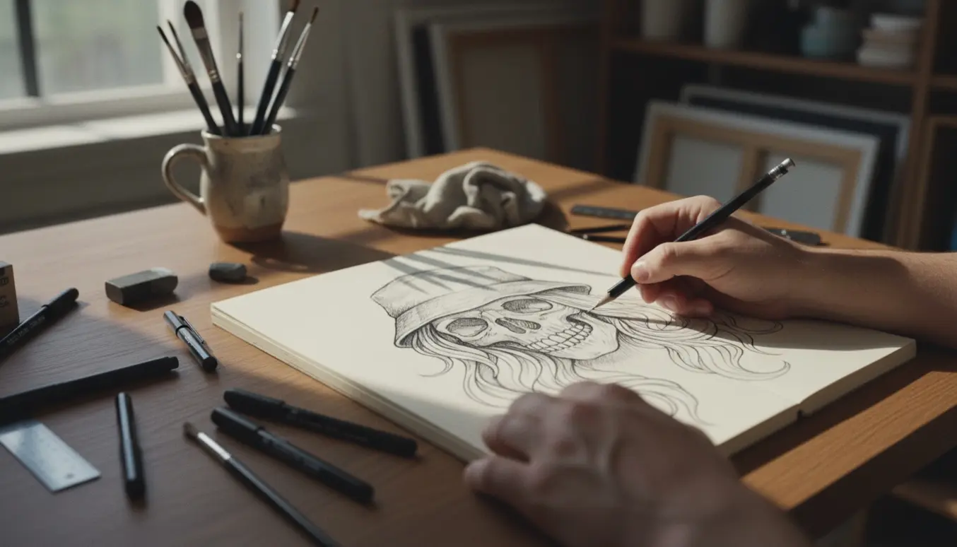 Åben skitsebog med en detaljeret dødningehovedtegning med langt hår og bøllehat på et træbord.