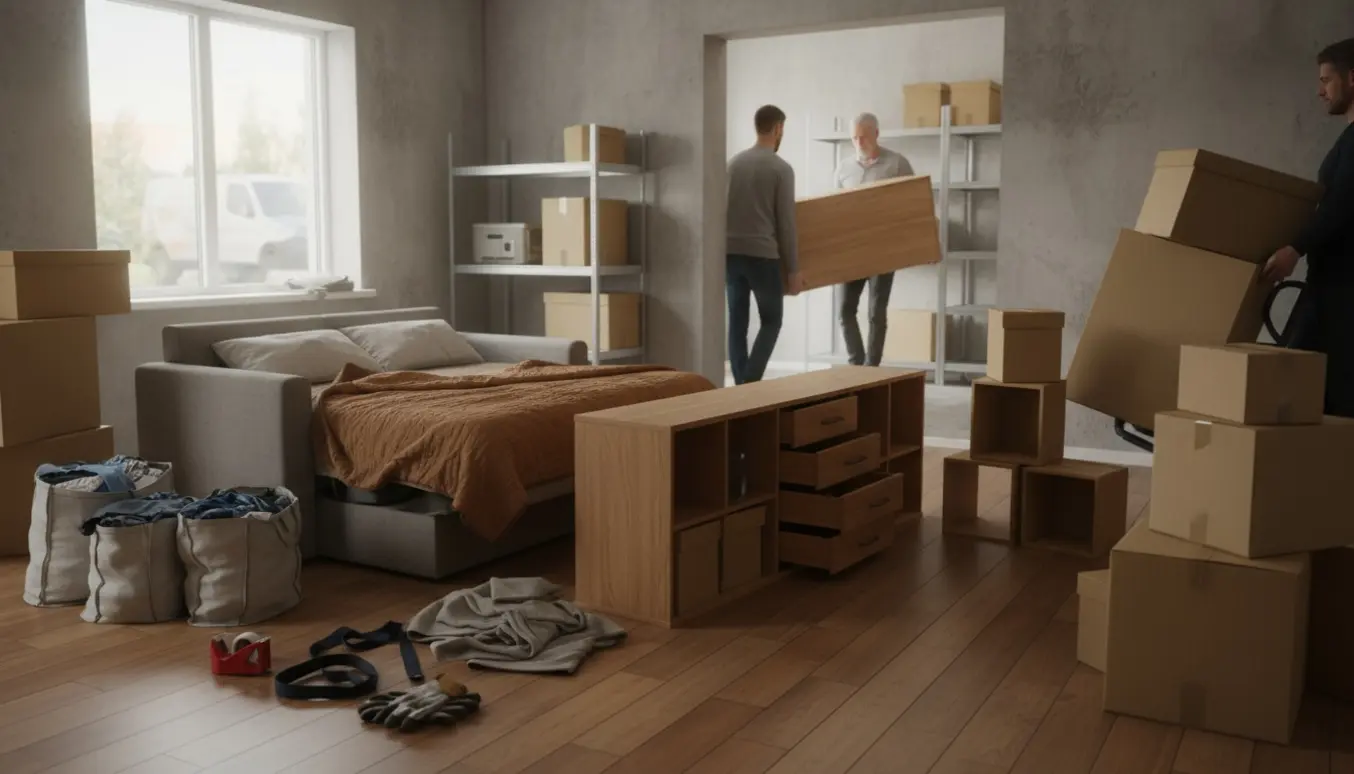 To personer bærer seng, skænk, reoler og flyttekasser fra et værelse ind i et opbevaringsrum.