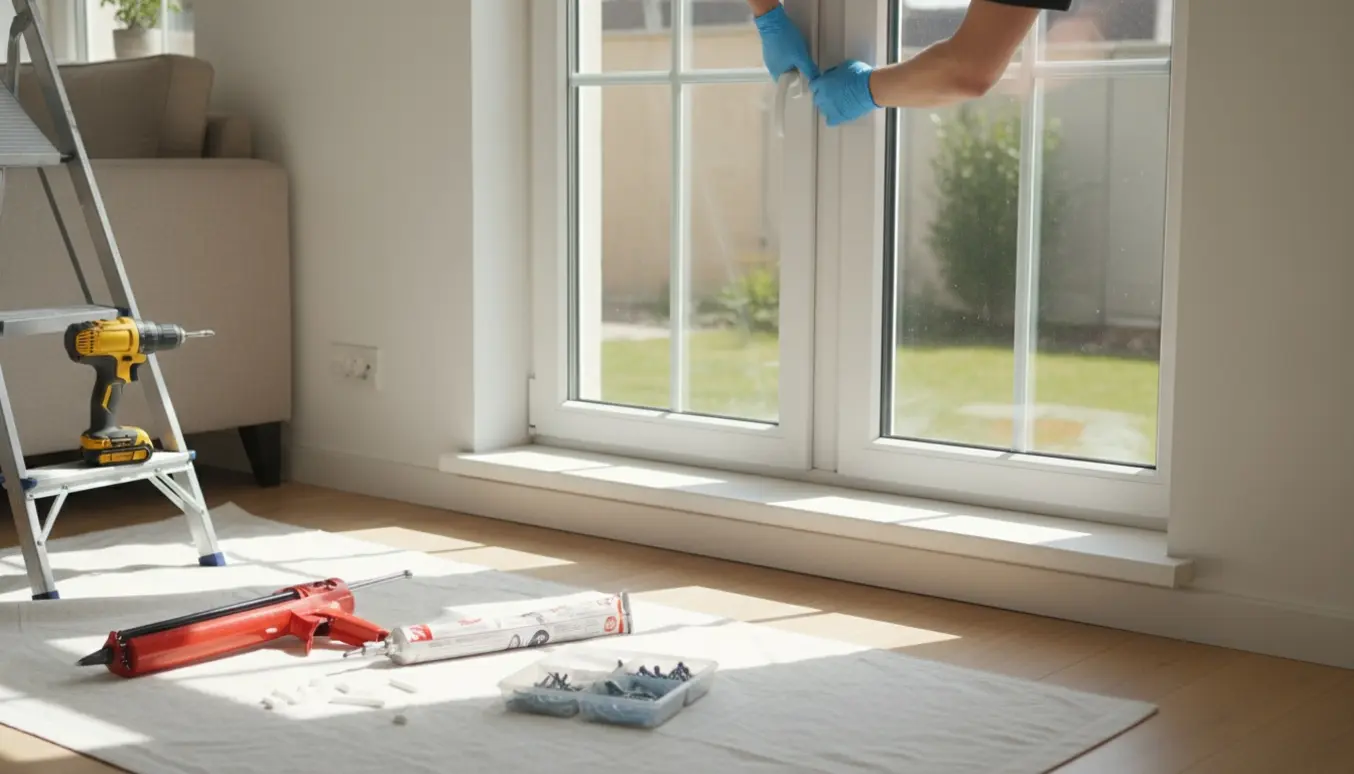 Nyt vindue monteres i stueåbning med værktøj og entreprenørens hænder i fokus.