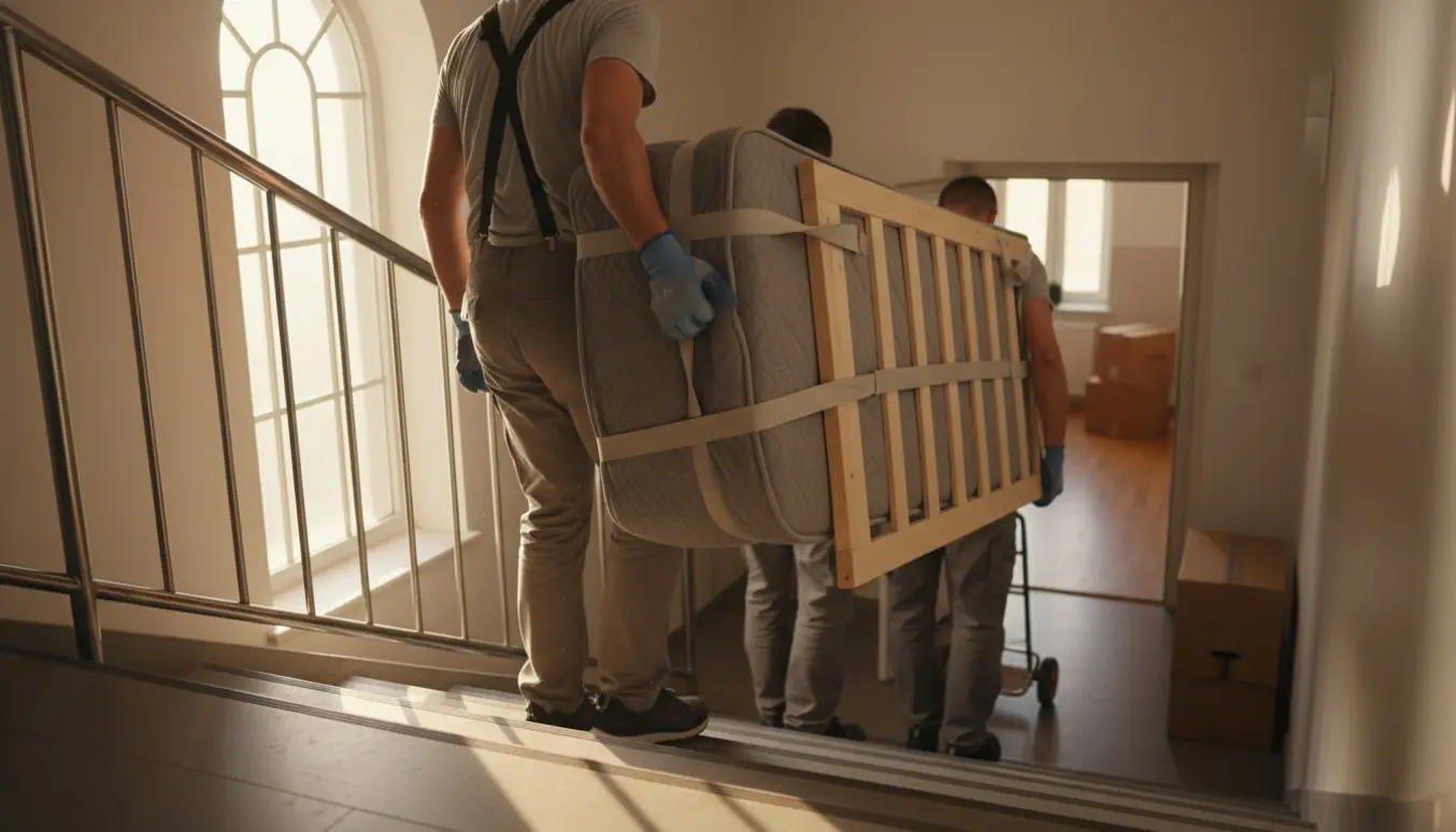 To flyttemænd bærer en lille 1,5-mands seng ned ad en opgang i blødt eftermiddagslys.