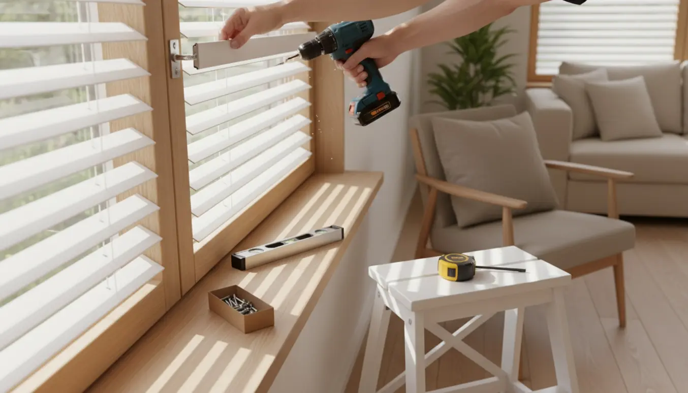 Nærbillede af opsætning af en ny persienne i en moderne stue med værktøj og naturligt lys.