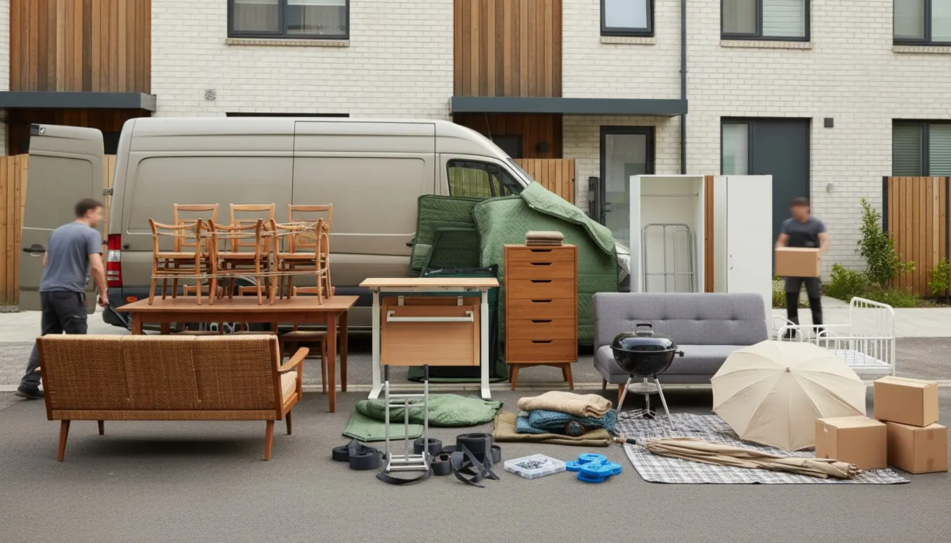 Flyttefolk læsser sofa, spisebord med seks stole, hævesænkebord, kommode, afmonteret garderobe og skænk, sovesofa, børneseng, lille garderobe, grill og parasol ind i en åben flyttevogn.