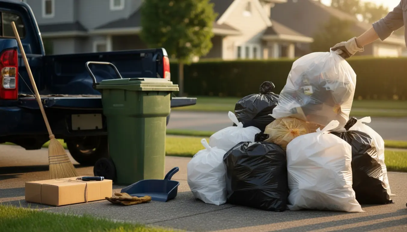 Stak med lukkede affaldssække på indkørsel klar til bortkørsel med handsker og værktøj ved siden af.