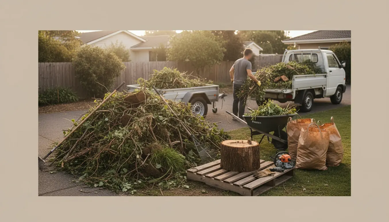 Stor bunke haveaffald og en stor træstub på indkørsel klar til afhentning.