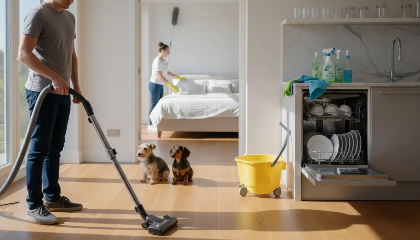 Rengøringsperson støvsuger et lyst hjem med åben opvaskemaskine, nyredt seng og to små hunde.