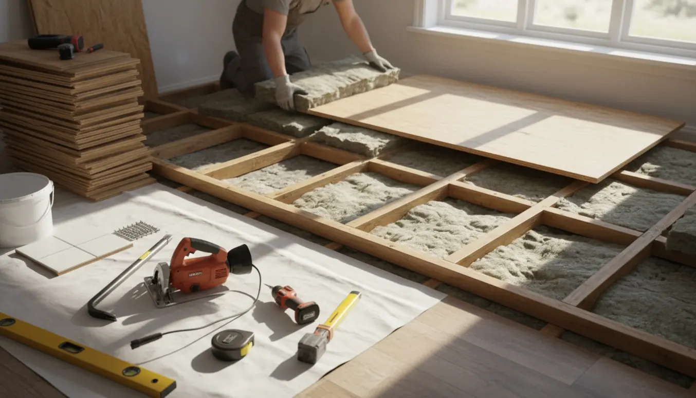 Gulvrenovering i et lyst rum med fjernet gulv, nye strøer, isolering og undergulvsplader klar til montering.