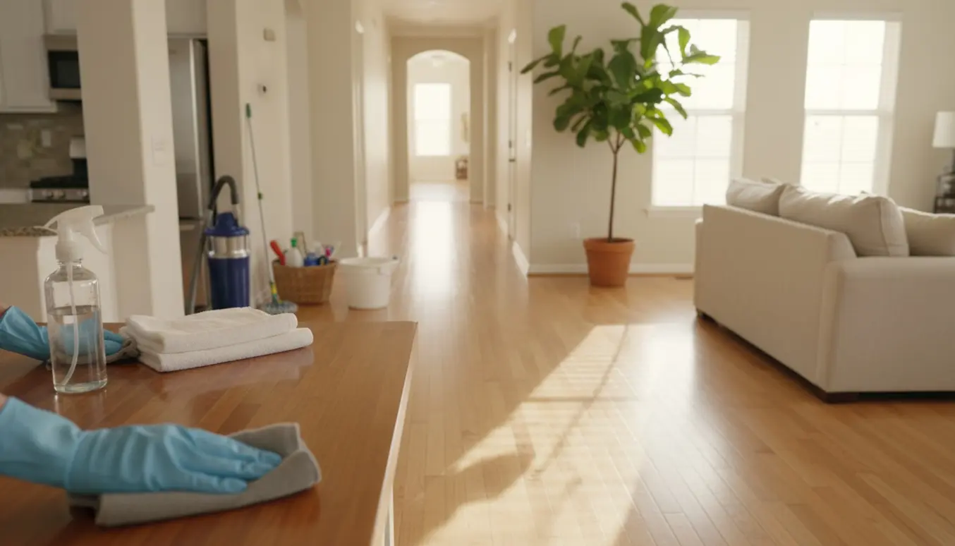 Lys, nyvasket stue og køkken i et enkeltplanshus med rengøringsredskaber og en person uden synligt ansigt.