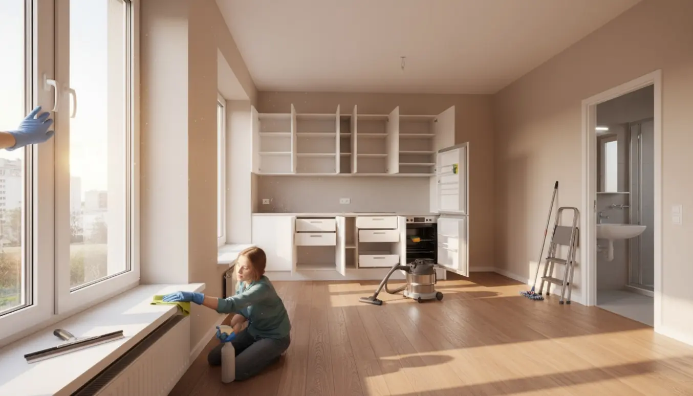 Tom, umøbleret 50 m² lejlighed under udflytningsrengøring med rengøringsudstyr og en rengøringsperson set bagfra.