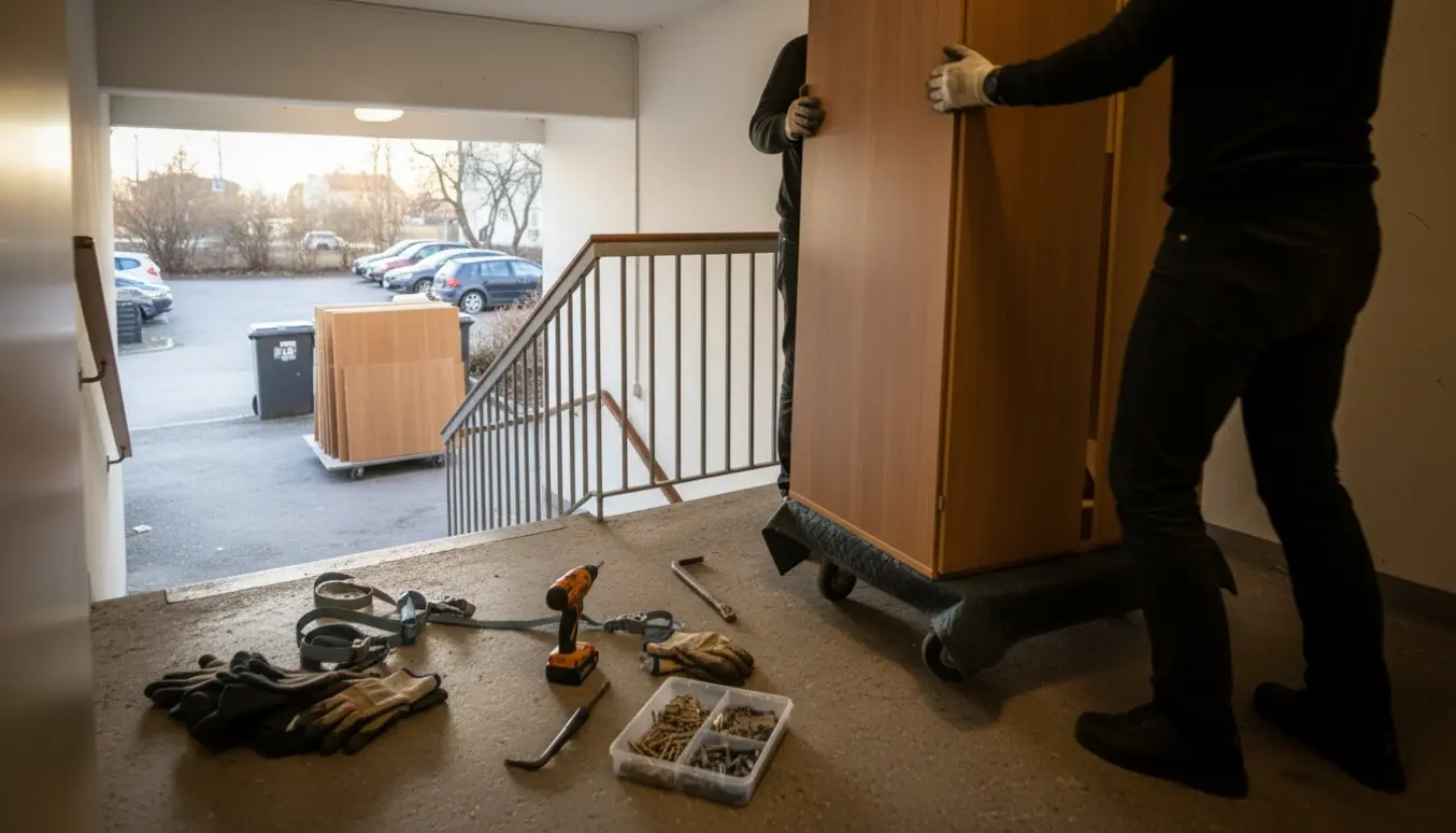 Fire-sektions garderobeskabe bæres fra kælderrum mod parkeringspladsen klar til storskrald.