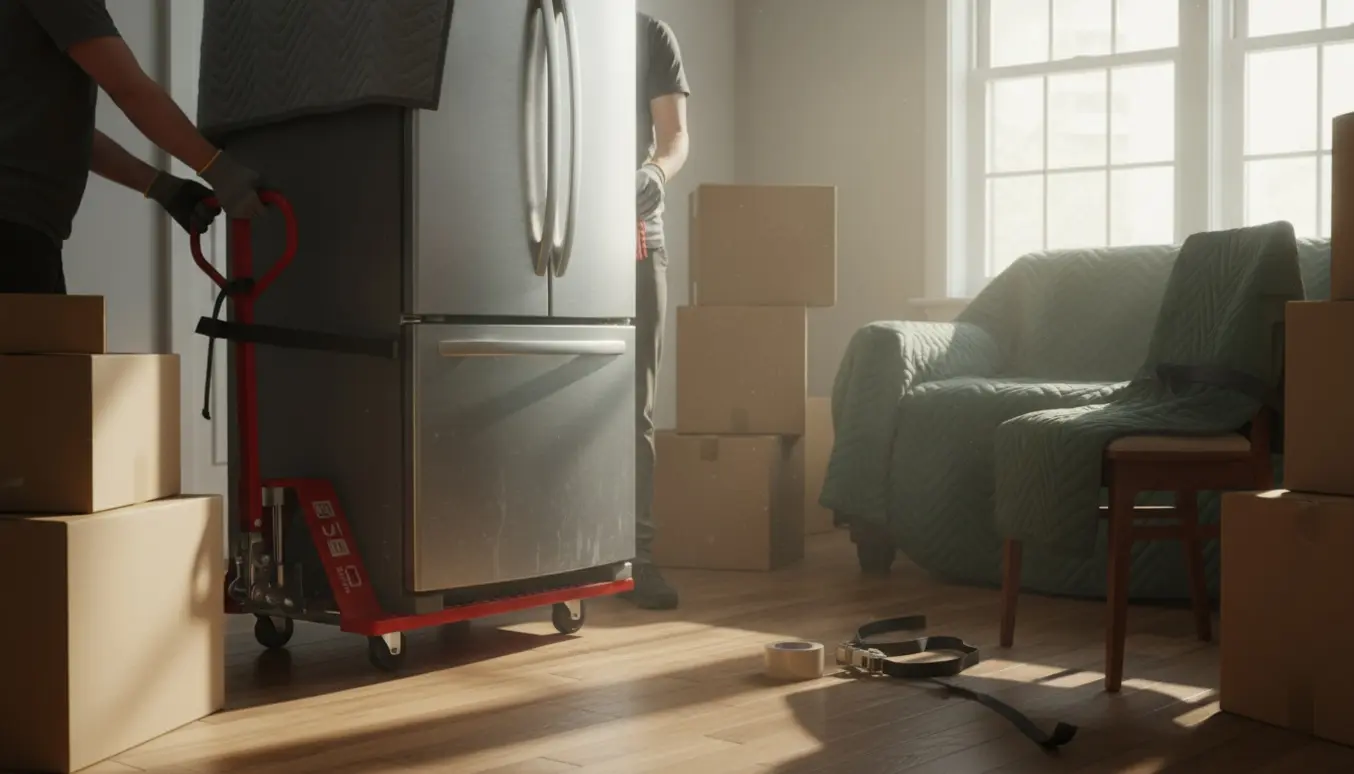 Et køle-fryseskab på en flyttevogn omgivet af møbler og papkasser i en lys lejlighed.