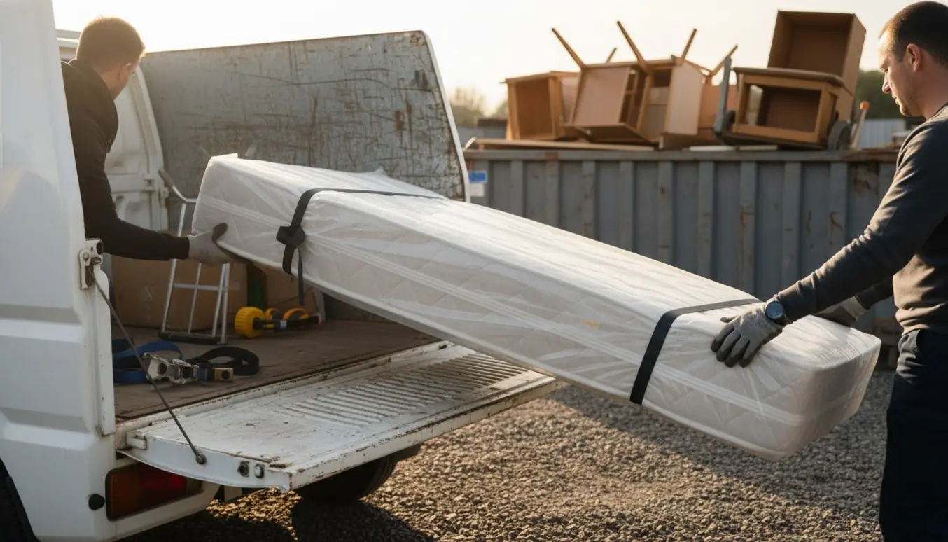 En mellemstor boxmadras pakket i plastik læsses af fra en varebil ved en genbrugsplads.