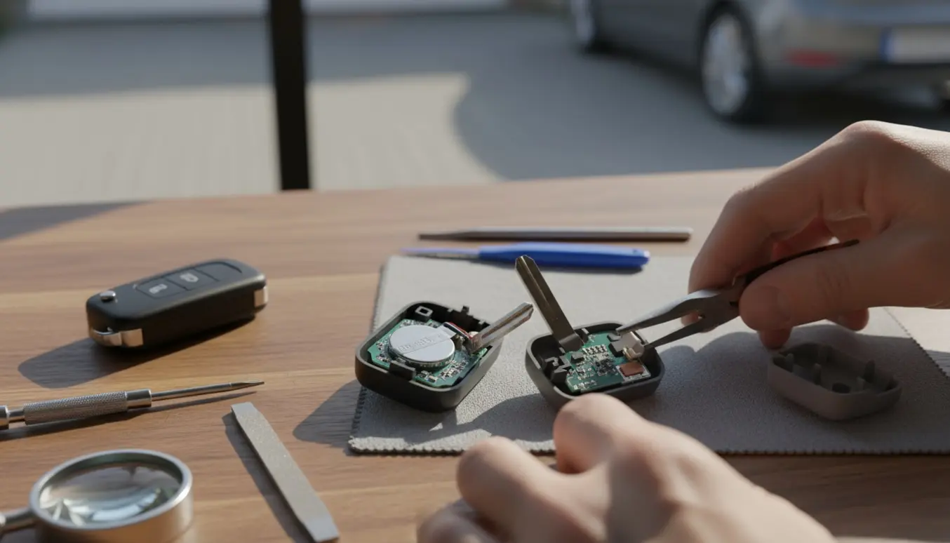 To fjernbetjente bilnøgler på et arbejdsbord, én åbnet med synligt kredsløb og en nøgleblad, der sidder skævt i huset under reparation.