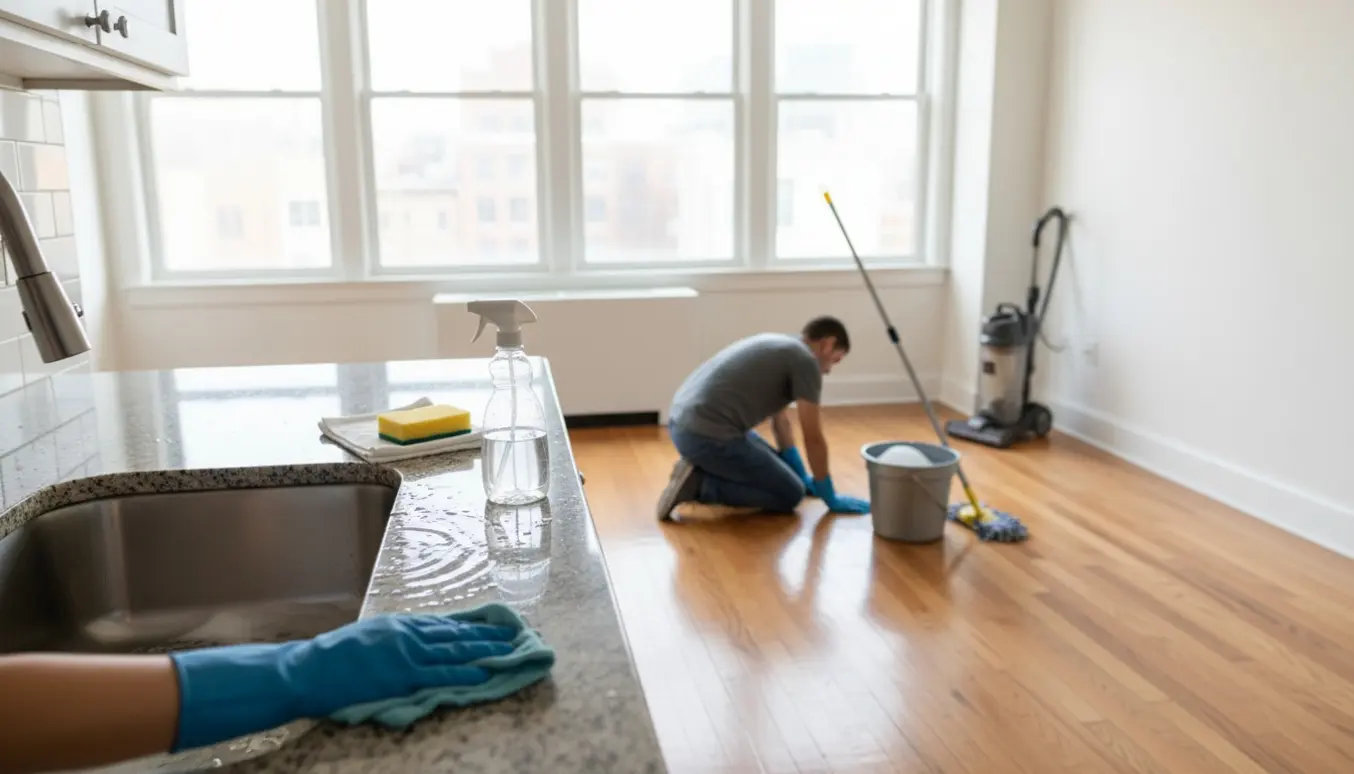 Solbeskinnet lejlighed med rengøringsudstyr og en rengøringsperson, der pudser køkkensink uden at vise ansigt.