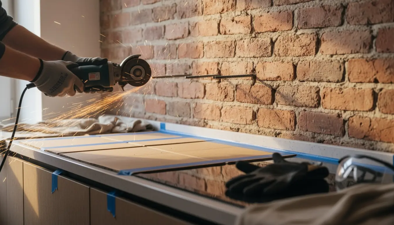 Nærbillede af en handskerklædt hånd med vinkelsliber, der fjerner tre udstående metalskruer fra en rå murstensvæg, mens køkkenbord og induktionsplade er beskyttet.