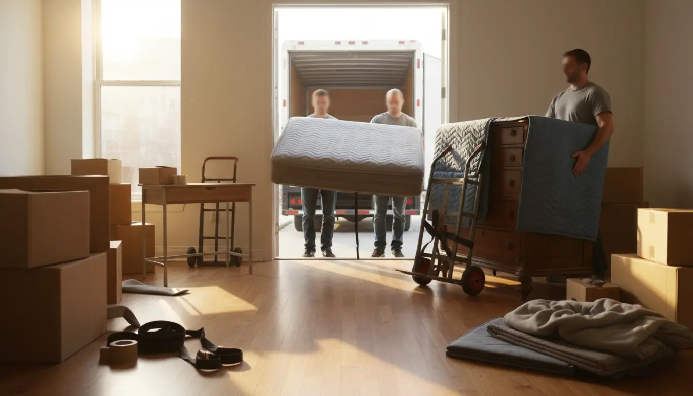 To flyttemænd bærer en madras og et pakket skab ind gennem en lys lejlighedsdør med flyttekasser og flyttetæpper omkring.