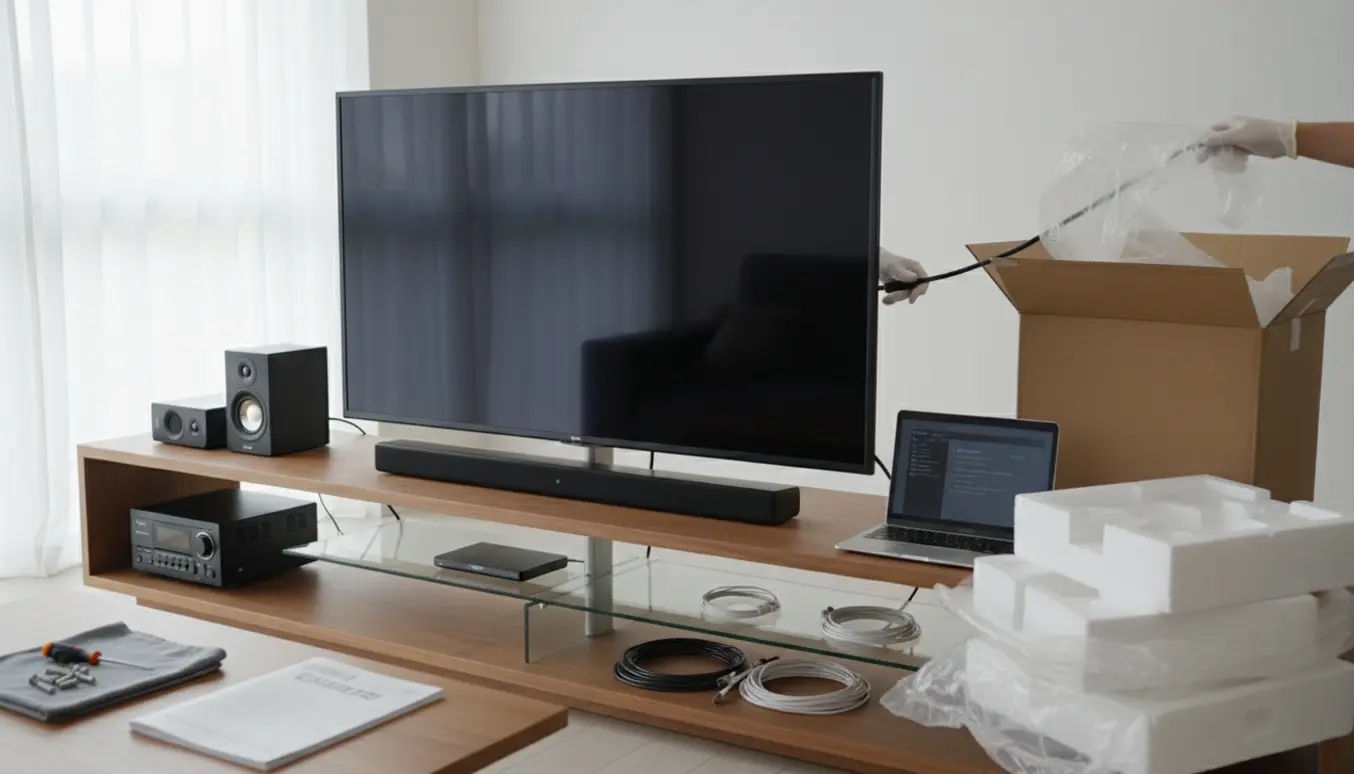 Ny fladskærm og soundbar pakkes ud og tilsluttes med HDMI-kabler og stereoanlæg i en lys stue.