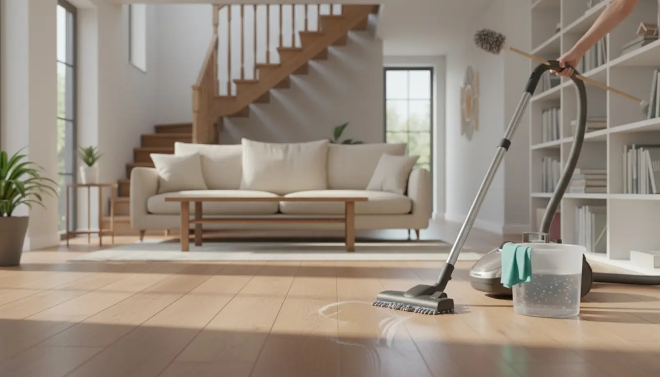 Indvendigt billede af et rækkehus, hvor støvsuger, moppe og klud bruges til at vaske gulv og tørre hylder af i naturligt dagslys.