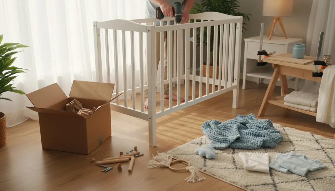 Lyst og hyggeligt drengebørneværelse under indretning med delvis samlet seng, værktøj og bløde tekstiler.