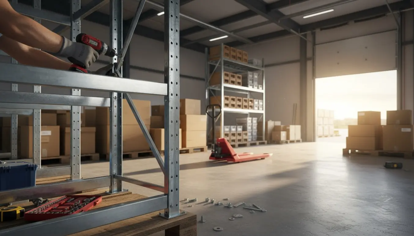 En håndværker samler metalreoler i et lager med værktøj og flyttekasser.