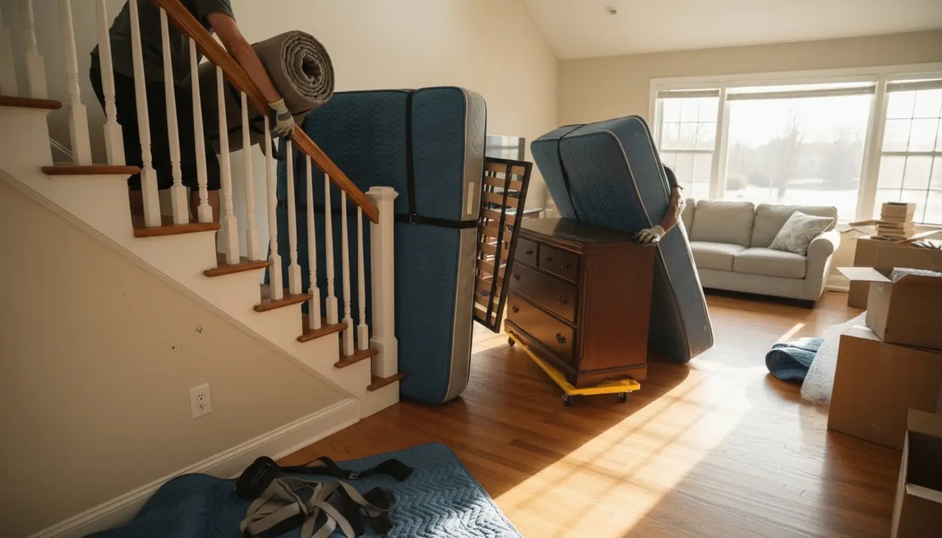 To personer bærer to senge og to kommoder ned ad en stejl trappe mod stuen i et lyst hjem.